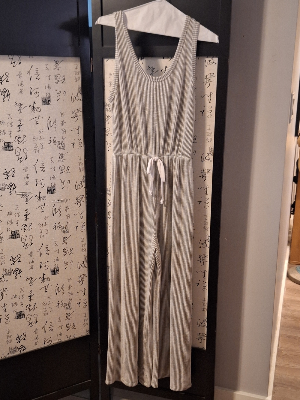 Very Soft Summer Striped Ribbed Sleeveless Jumpsuit in Gray and White- Wide Leg